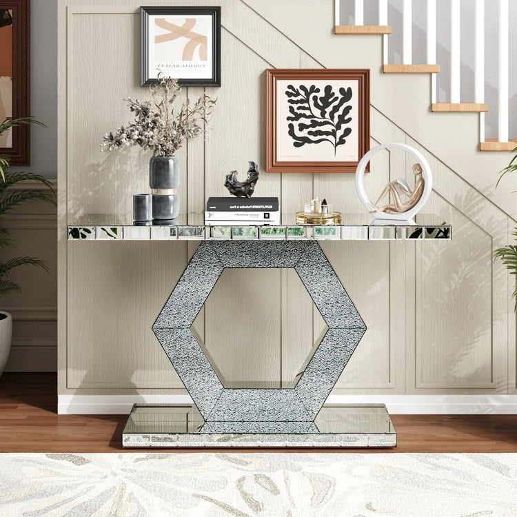 Hexagon Mirror Console Table — Diamond Glass Luxury Foyer Decor