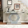 Hexagon Mirror Console Table — Diamond Glass, Dual-Tier, Hollywood Glam Foyer Decor