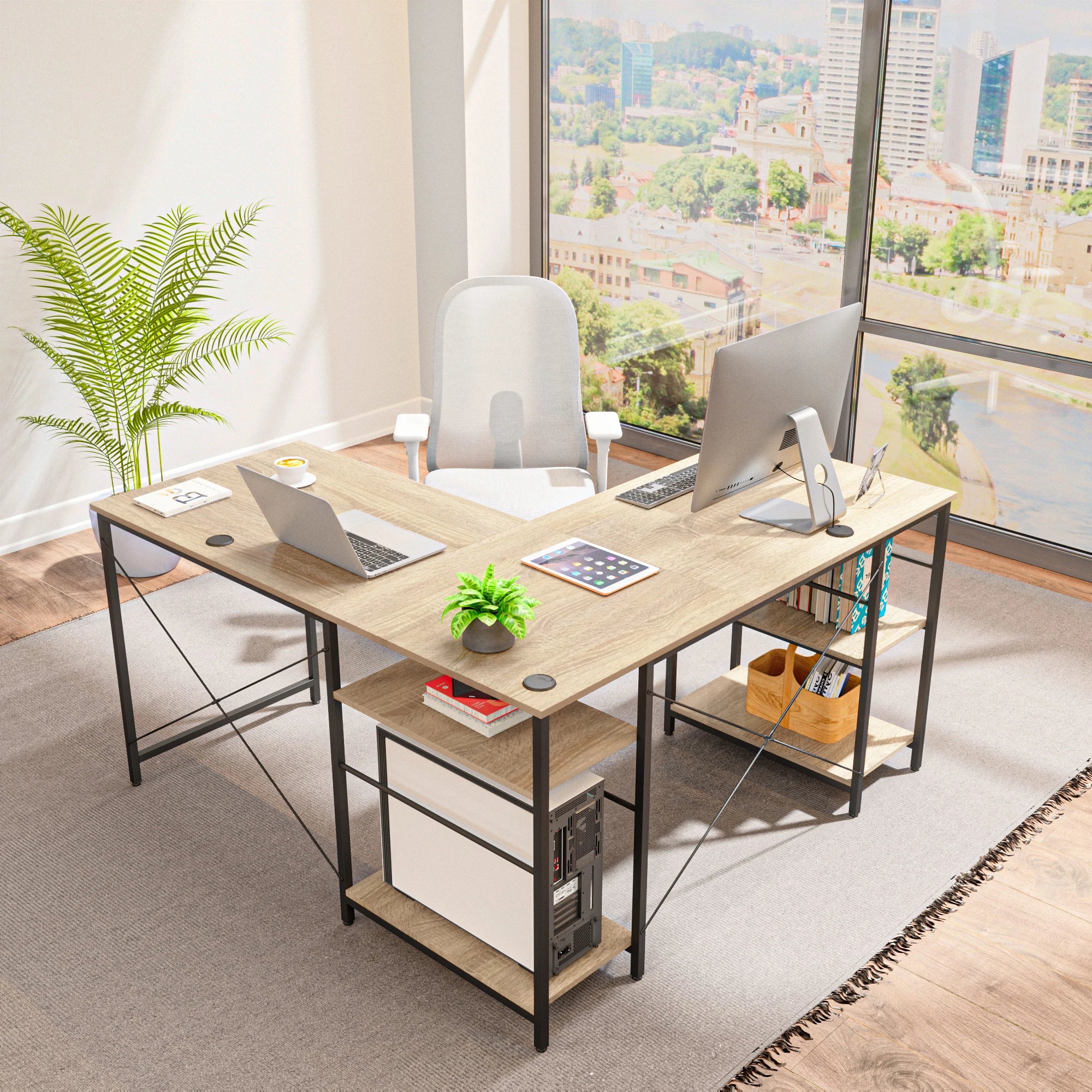 Bestier L-Shaped Executive Desk with Storage Cabinet