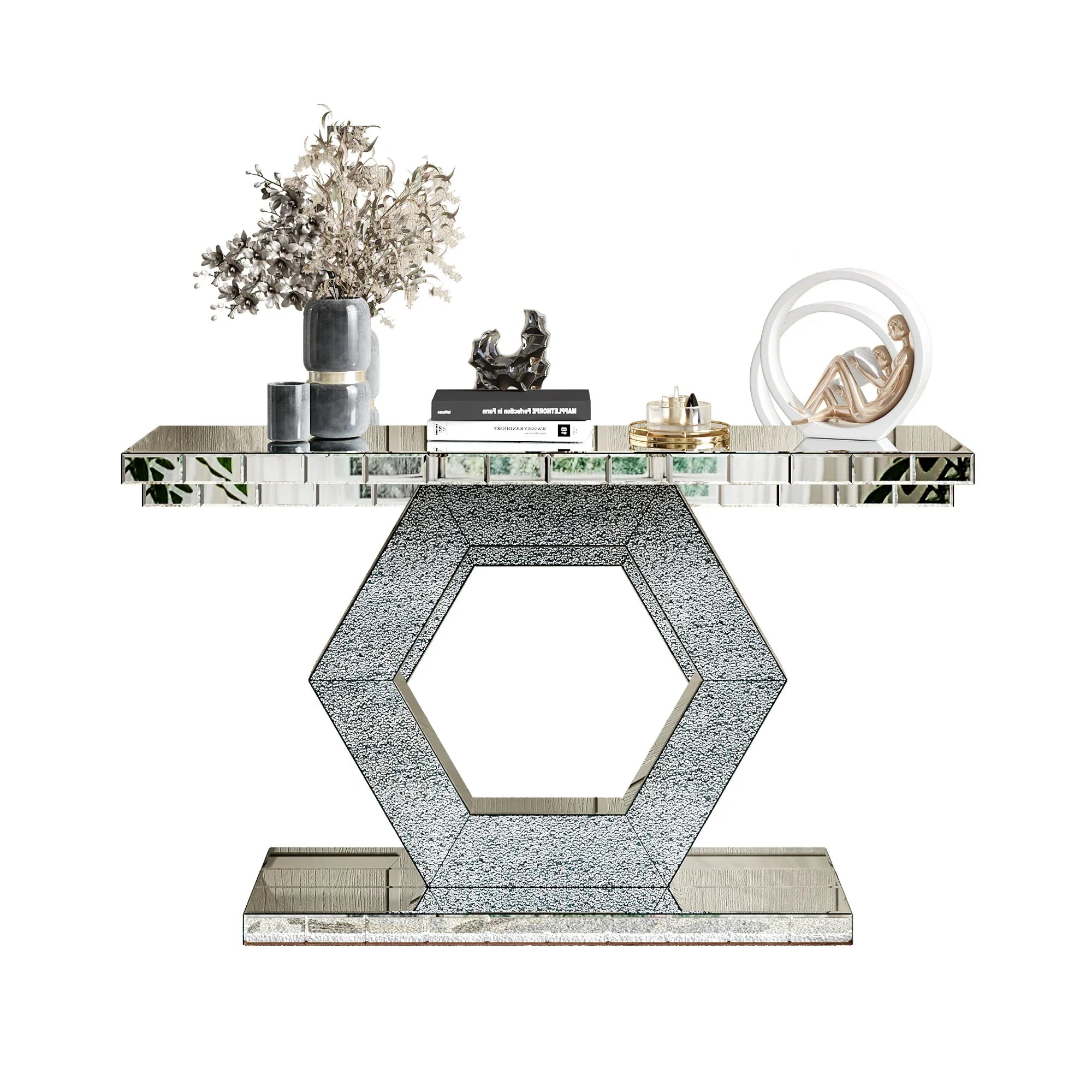 Hexagon Mirror Console Table — Diamond Glass, Dual-Tier, Hollywood Glam Foyer Decor