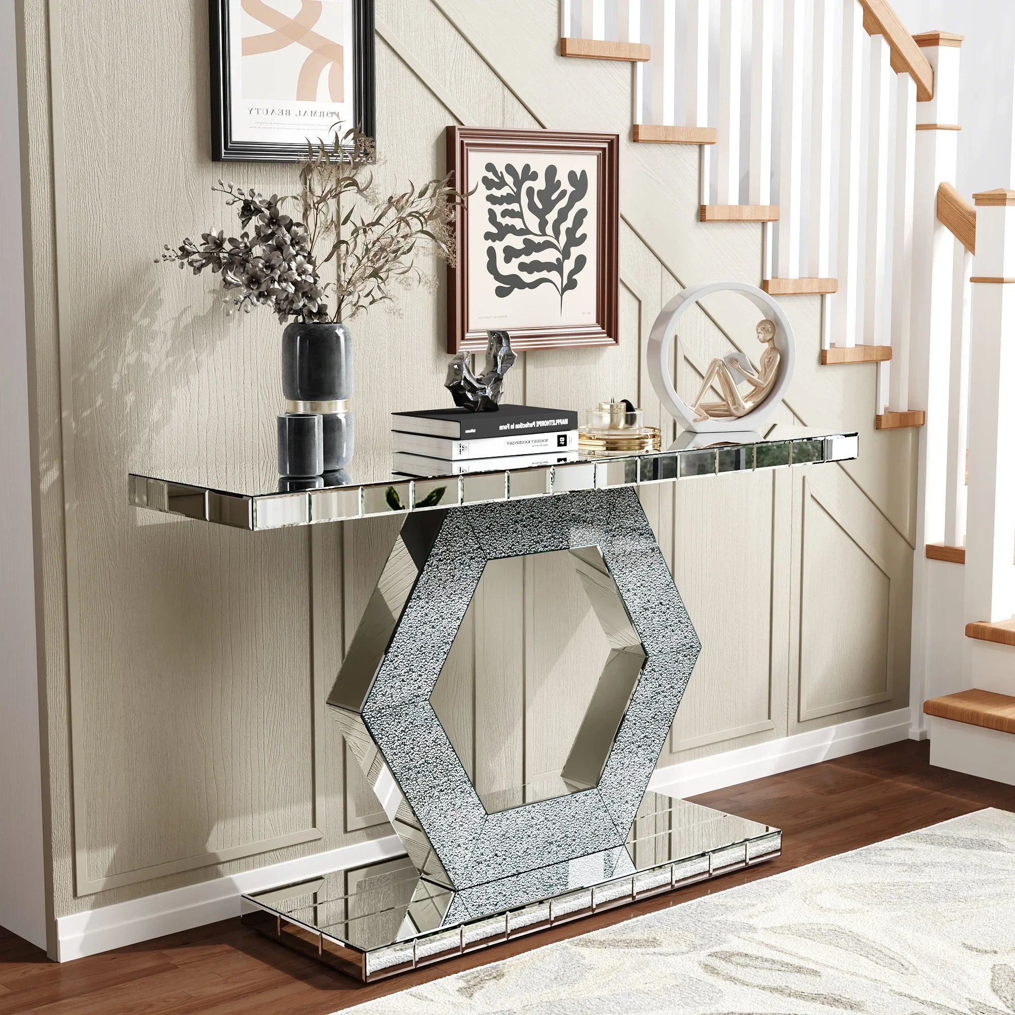 Hexagon Mirror Entryway Console Table With Diamond Glass Effects Dual Tier Luxury Foyer Decor