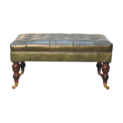 The Ottoman That Commands the Room — Buffalo Green Leather Ottoman with Castor Legs