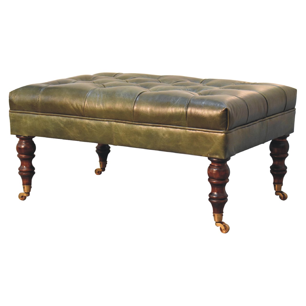 The Ottoman That Commands the Room — Buffalo Green Leather Ottoman with Castor Legs