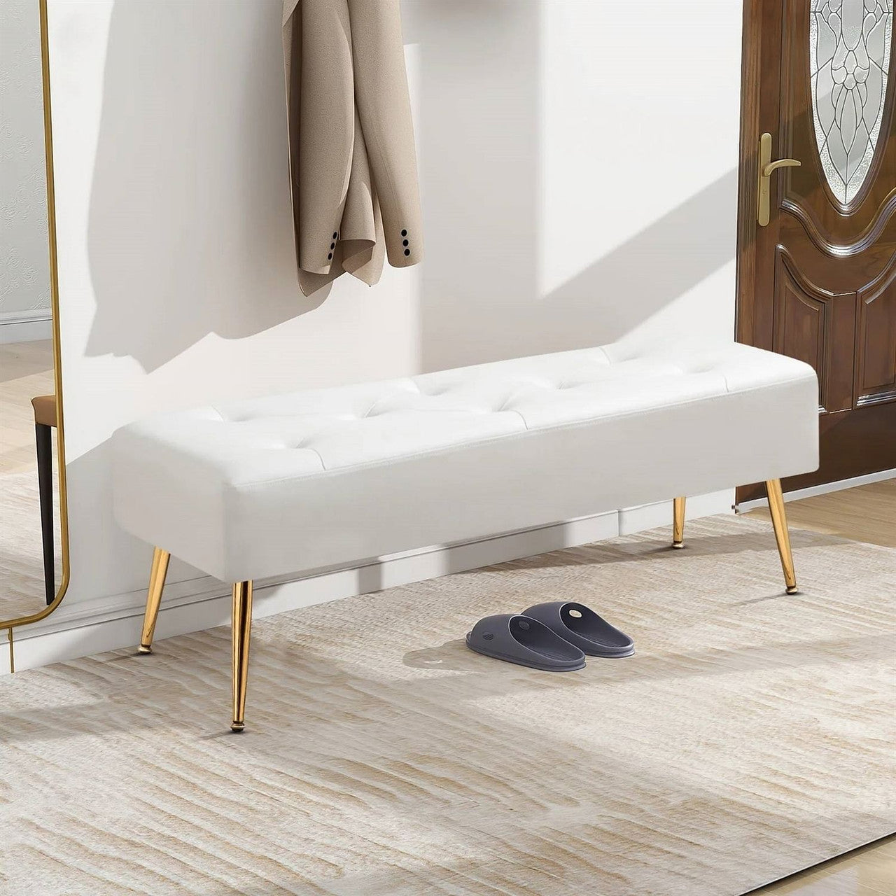 White Ivory &amp; Gold Tufted Bed Bench Ottoman — Modern PU Leather