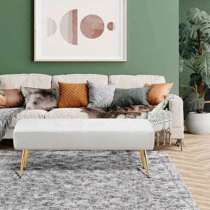 White Ivory &amp; Gold Tufted Bed Bench Ottoman — Modern PU Leather