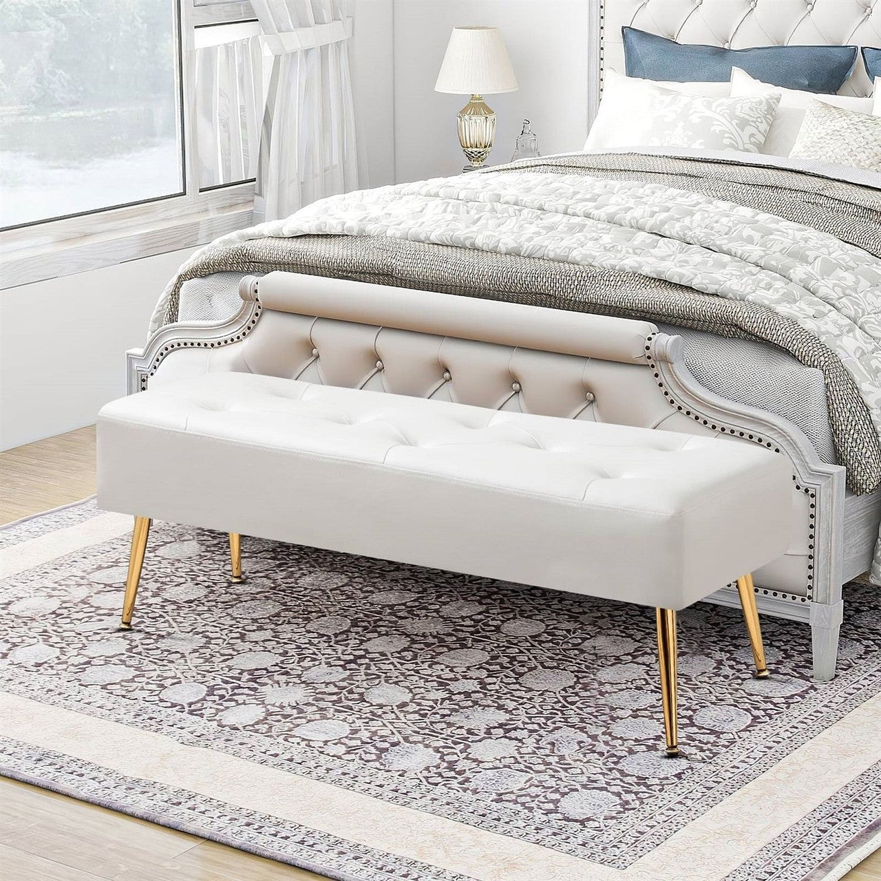 White Ivory &amp; Gold Tufted Bed Bench Ottoman — Modern PU Leather