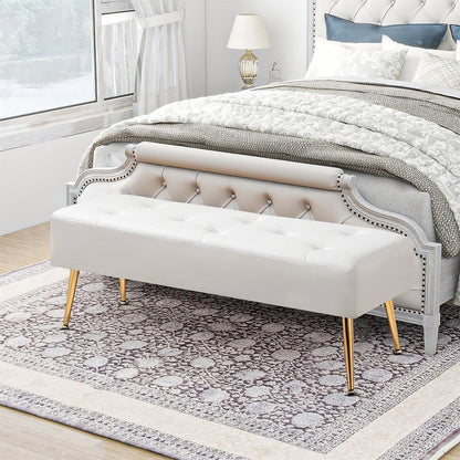 White Ivory &amp; Gold Tufted Bed Bench Ottoman — Modern PU Leather