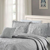 King size Ash Grey Damask Embroidered 4 Piece Oversized Bedspread Set-0