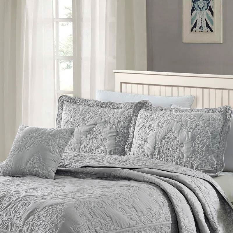 Ash Grey Damask Embroidered Bedspread Set — King, 4 Piece