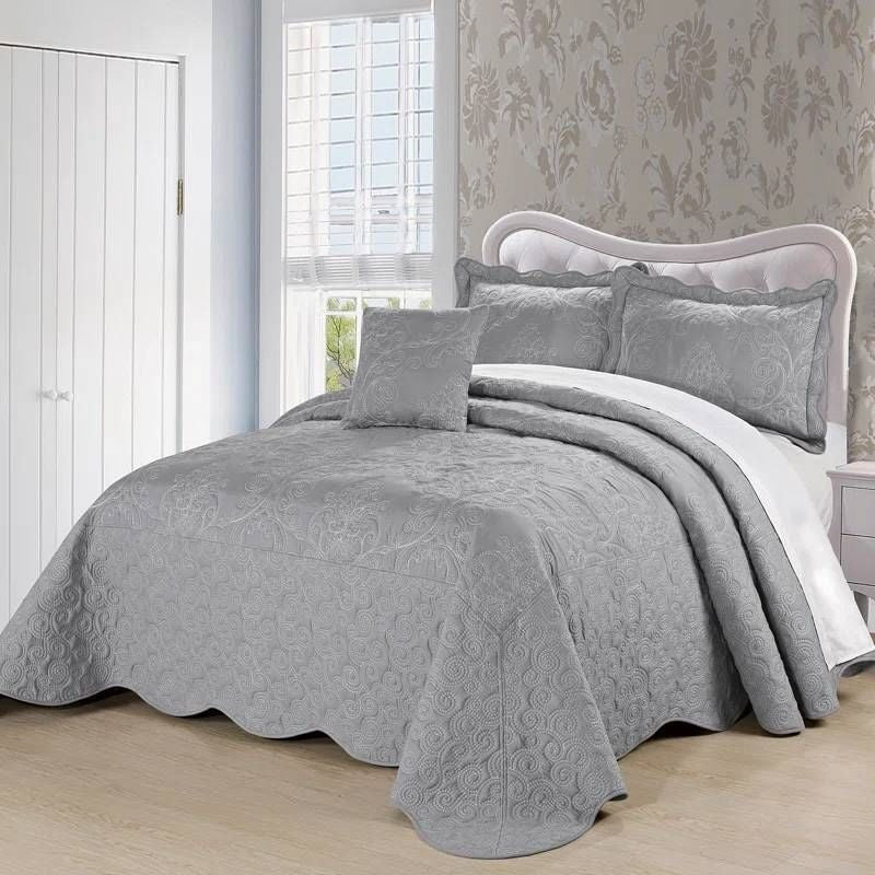 Ash Grey Damask Embroidered Bedspread Set — King, 4 Piece