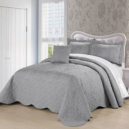 Ash Grey Damask Embroidered Bedspread Set — King, 4 Piece