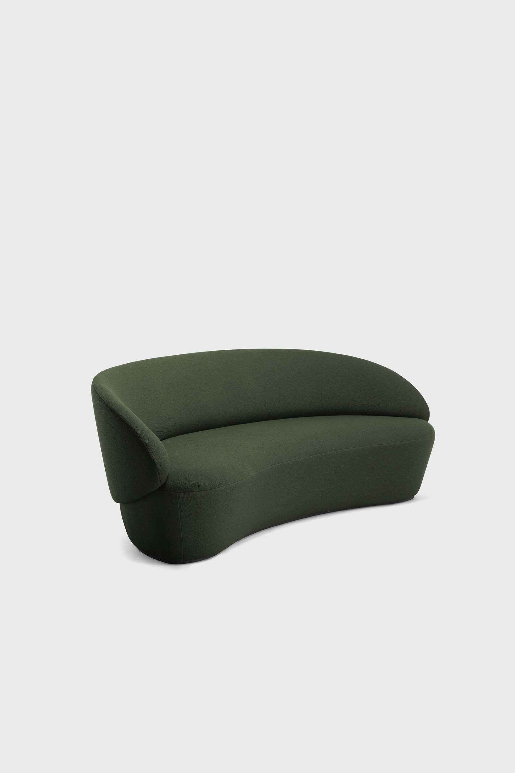 Green Naïve Sofa with rounded arms button-tufted back and mid-century wood legs