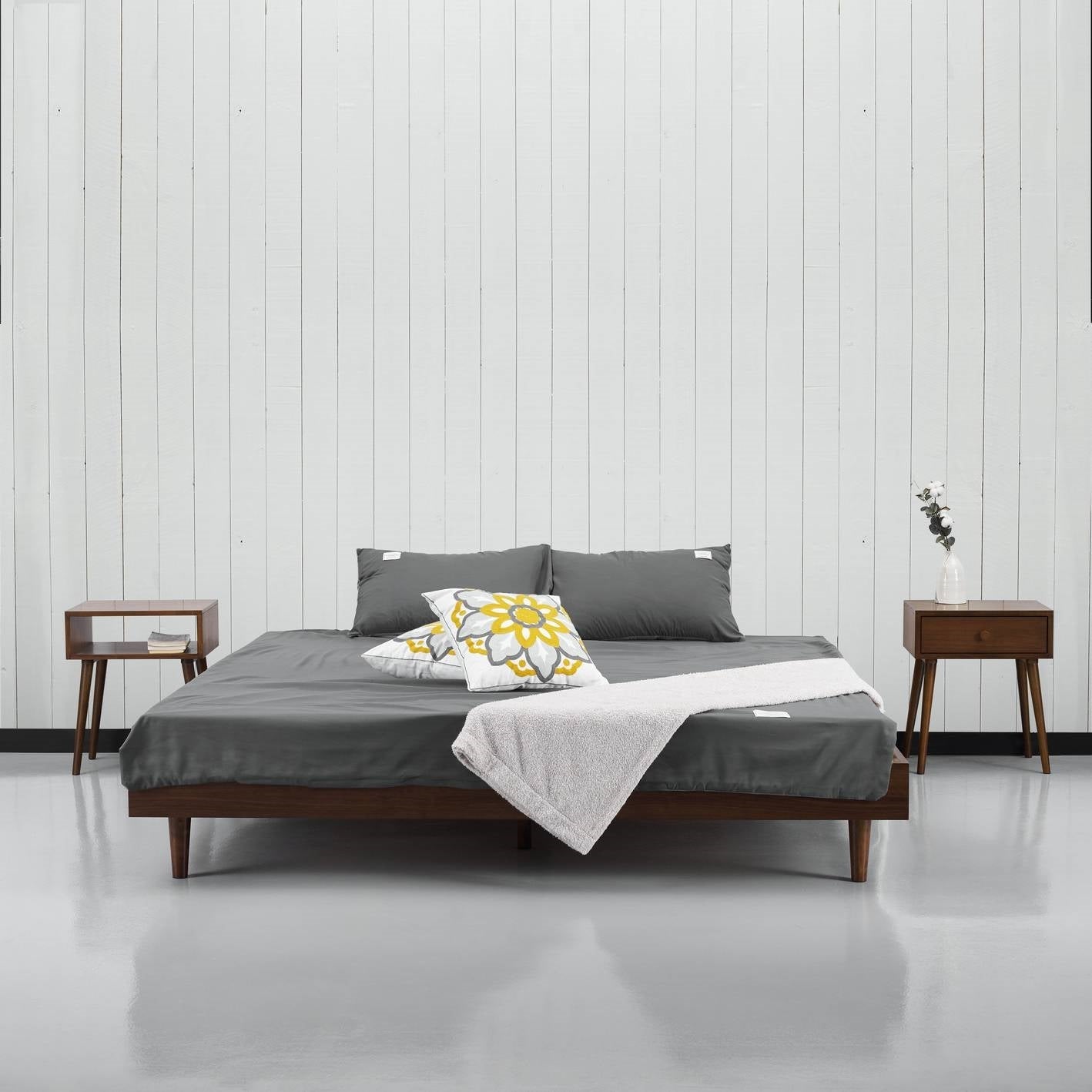 Queen size Mid-Century Modern Platform Bed Frame in Dark Brown Wood Finish FastFurnishings