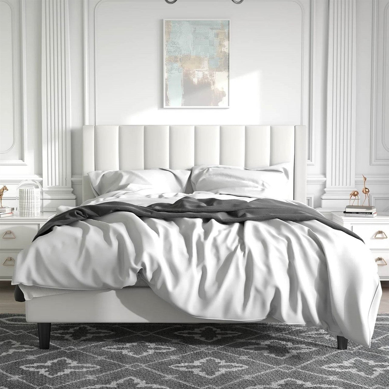 Queen Size White Velvet Platform Bed Frame with Upholstered Headboard & Footboard Jonine&