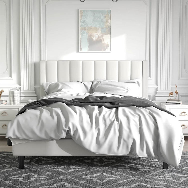 Queen Size White Velvet Platform Bed Frame with Upholstered Headboard & Footboard Jonine&