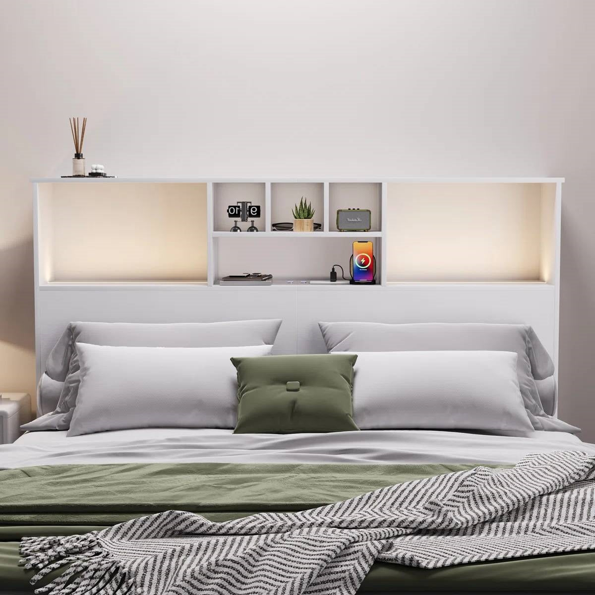 White Bookcase Headboard with LED Lights &amp; USB Charging — Queen