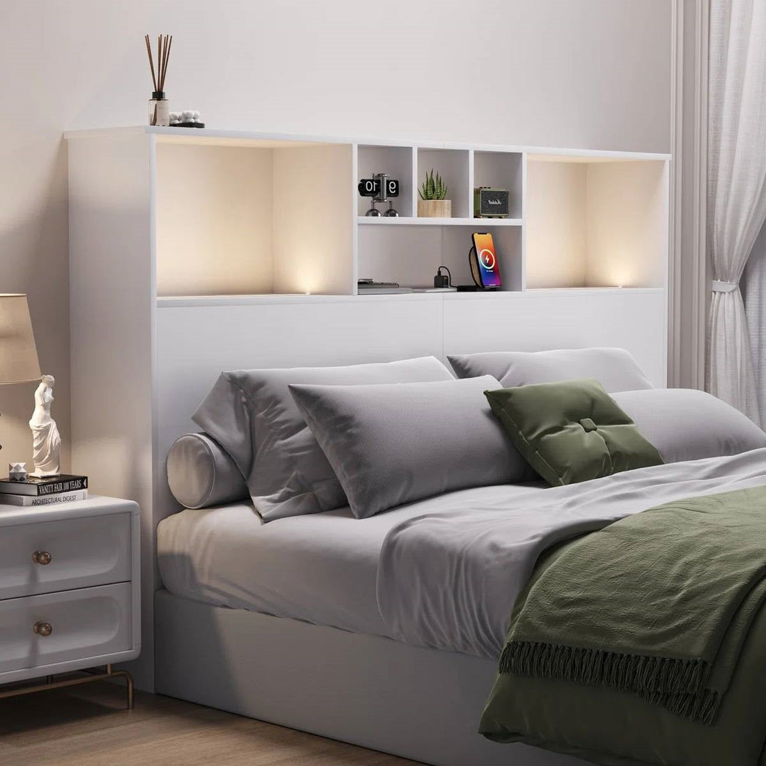 White Bookcase Headboard with LED Lights &amp; USB Charging — Queen