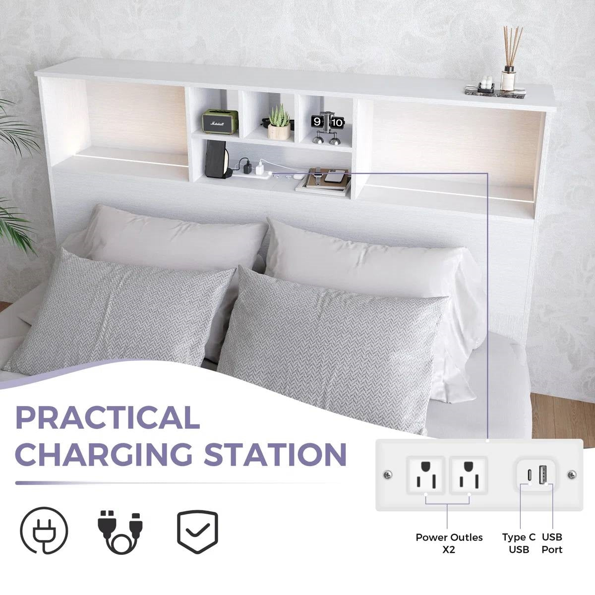 White Bookcase Headboard with LED Lights &amp; USB Charging — Queen