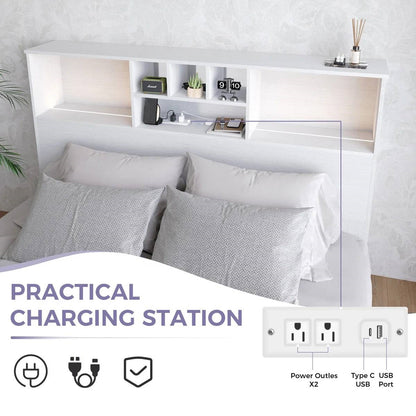 White Bookcase Headboard with LED Lights &amp; USB Charging — Queen