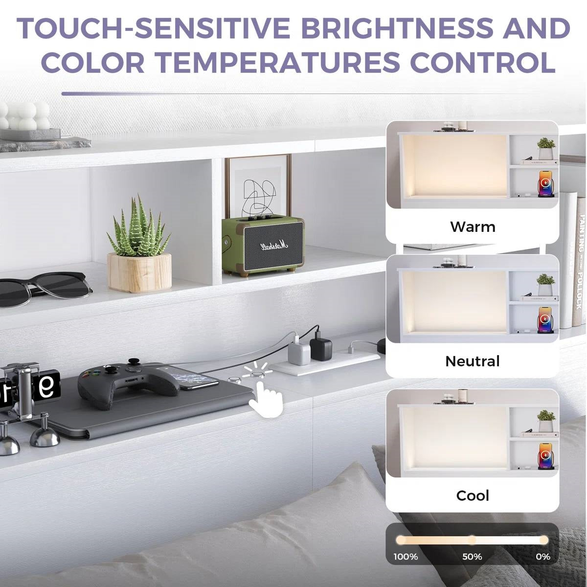 White Bookcase Headboard with LED Lights &amp; USB Charging — Queen