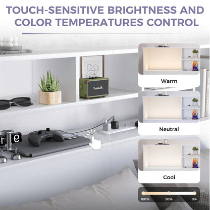 White Bookcase Headboard with LED Lights &amp; USB Charging — Queen