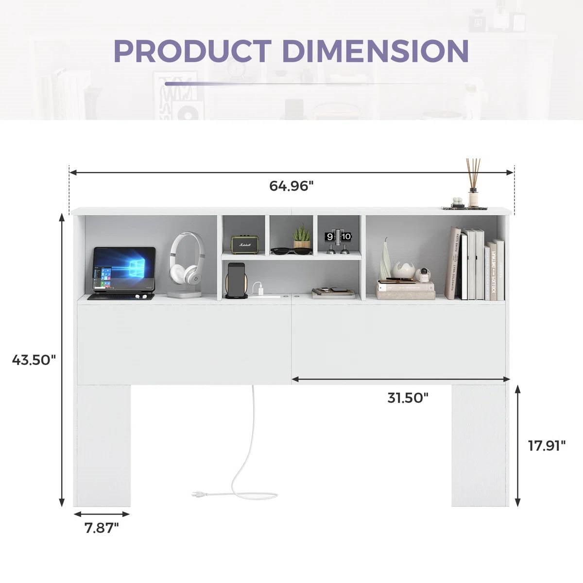 White Bookcase Headboard with LED Lights &amp; USB Charging — Queen