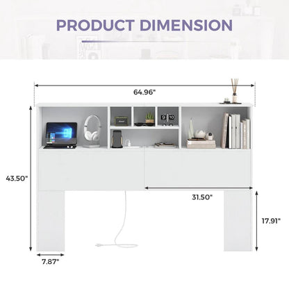 White Bookcase Headboard with LED Lights &amp; USB Charging — Queen
