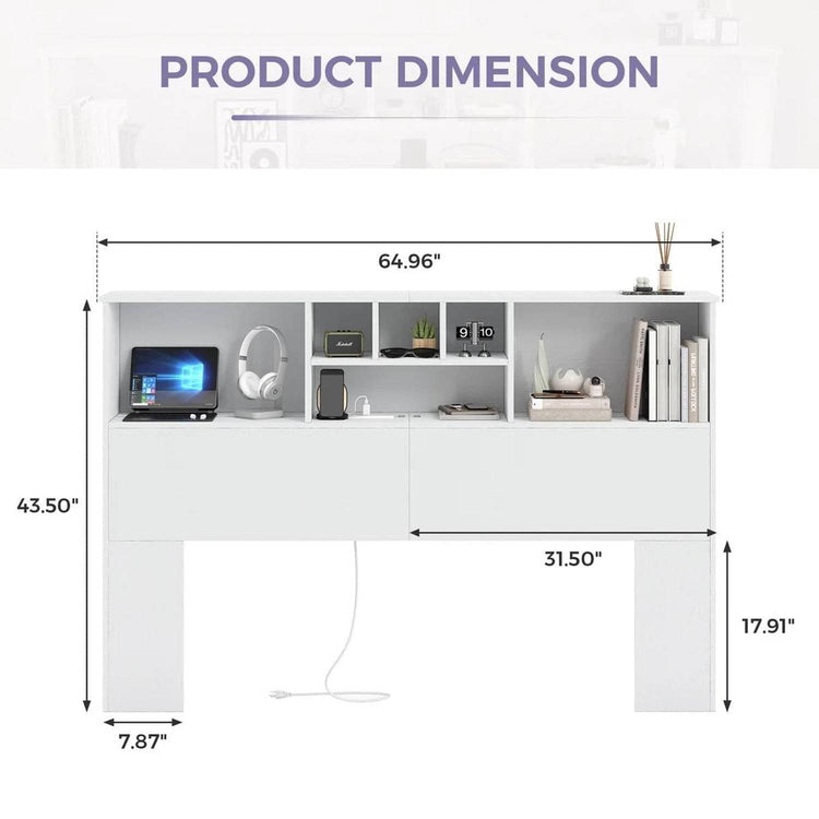 Queen size Bookcase Headboard in White Wood Finish with LED Lights-4
