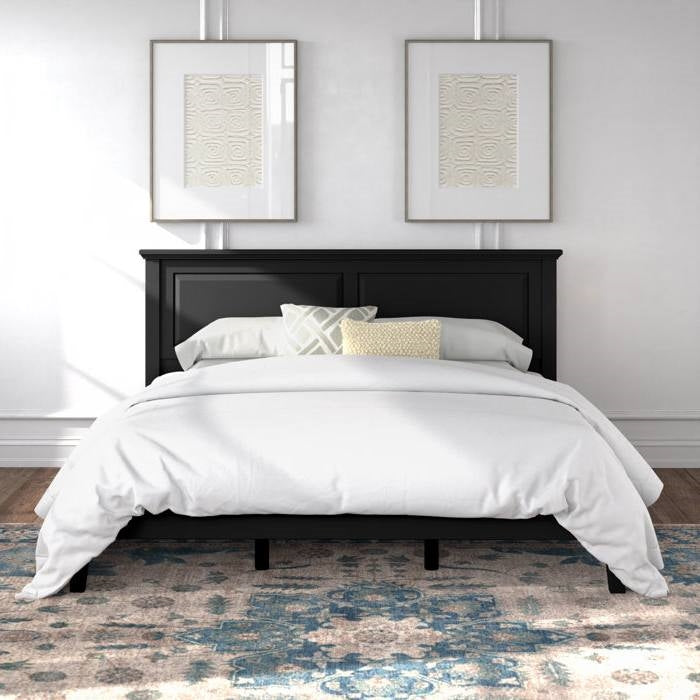 Solid Oak Platform Bed with Headboard — King, Black Retro Finish