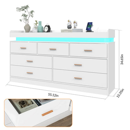 7 Drawer Dresser with LED Light and Charging Station, Modern Chest of Drawers for Closet, Wide Drawer Organizer Cabinet for Bedr