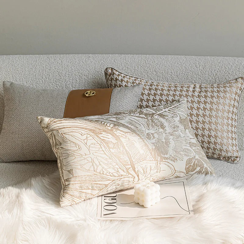 French Cream Jacquard Lumbar Pillow Cover — Embroidered Cushion Cover 12×20in