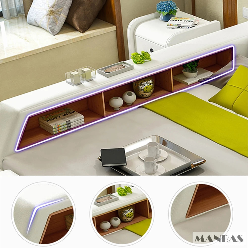 Modern All in One Smart Bed Frame, Multi-Functional Upholstered Platform Bed with Drawers, LED Lighting, Bluetooth Speaker & USB