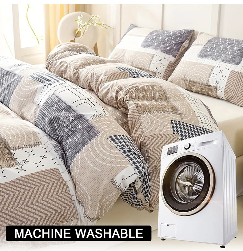 Boho Patchwork Duvet Cover Set, Beige Grey Geometric Bedding Set, Farmhouse Soft Bed Cover with Pillowcases, Twin Full Queen King Breathable and Ultra-Soft, Suitable for All Seasons, Includes 1 Duvet Cover and 1-2 Pillowcases Jonine&