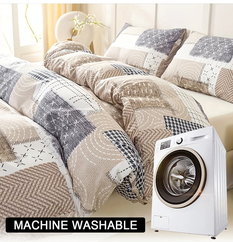 Boho Patchwork Duvet Cover Set, Beige Grey Geometric Bedding Set, Farmhouse Soft Bed Cover with Pillowcases, Twin Full Queen King Breathable and Ultra-Soft, Suitable for All Seasons, Includes 1 Duvet Cover and 1-2 Pillowcases Jonine&