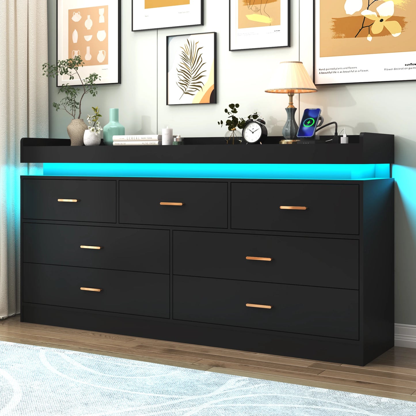 7 Drawer Dresser with LED Light and Charging Station, Modern Chest of Drawers for Closet, Wide Drawer Organizer Cabinet for Bedr