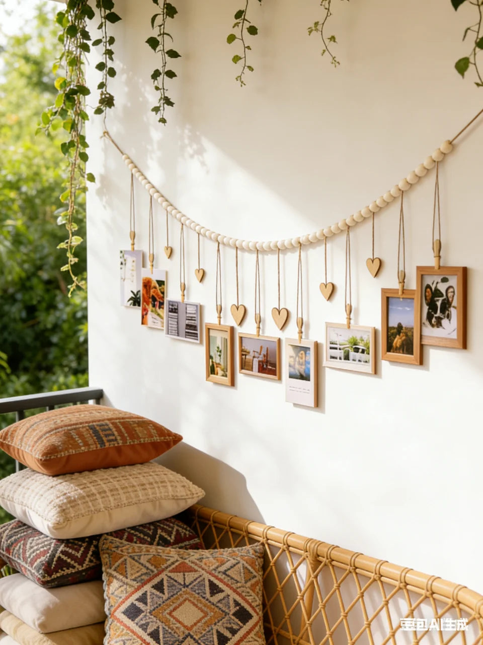 Boho Hanging Photo Display with Wooden Bead Garland — Wall Collage for Bedroom & Office