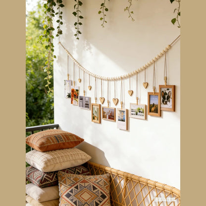 Hanging Photo Display Room Wall Decor, Boho Collage Picture Frame Christmas Cards Holder Wooden Hearts for Home Bedroom Office