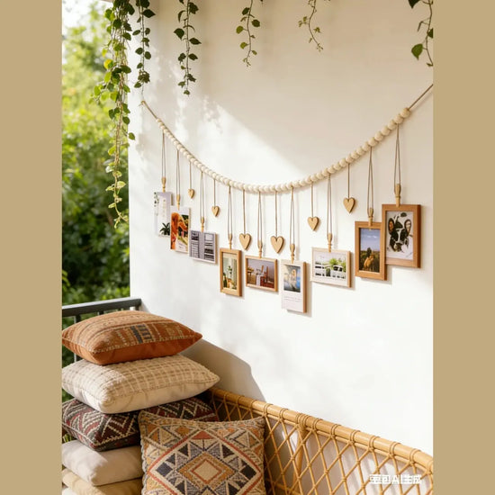 Boho Hanging Photo Display with Wooden Bead Garland & Clips — Wall Décor & Photo Displays