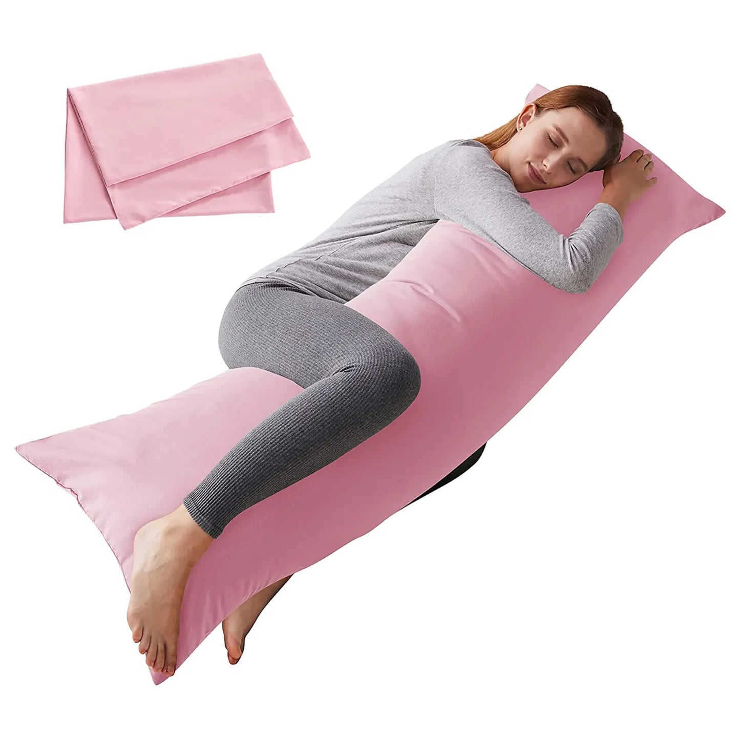 Long white full body pillow with matching pillowcase shown on a bed
