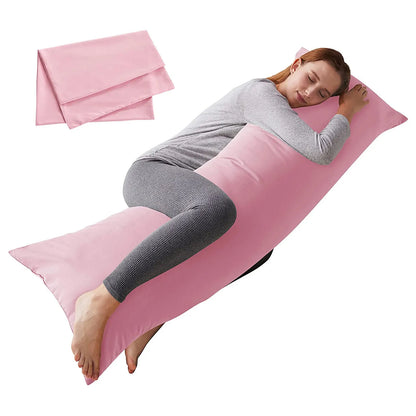 Long white full body pillow with matching pillowcase shown on a bed