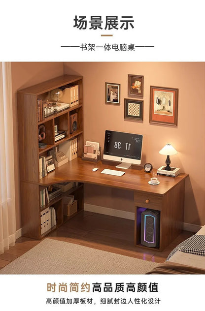 L-Shaped Corner Desk with Bookshelf — Dual Monitor & Home Office