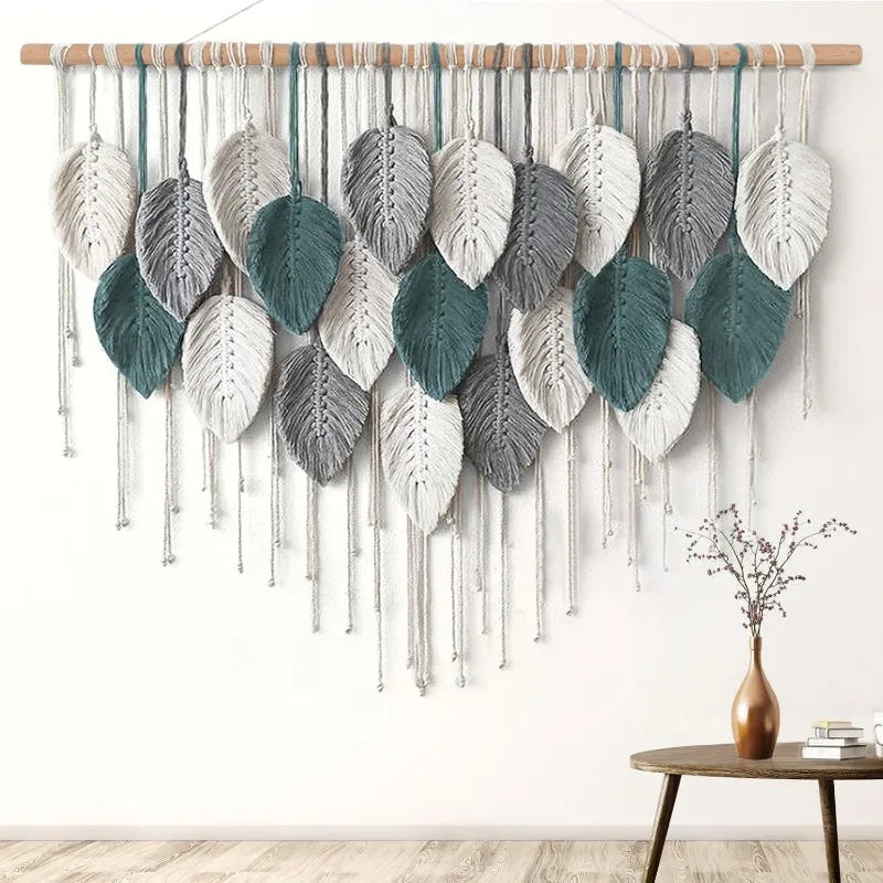Boho Home Decoration, Macrame Tapestry Macrame Leaf Feather Wall Hanging Decor for Living Room Bedroom, Boho Wall Art Home Decor