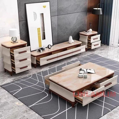 Marble &amp; Wood Living Room Furniture Set — Coffee Table, TV Stand &amp; Side Cabinets