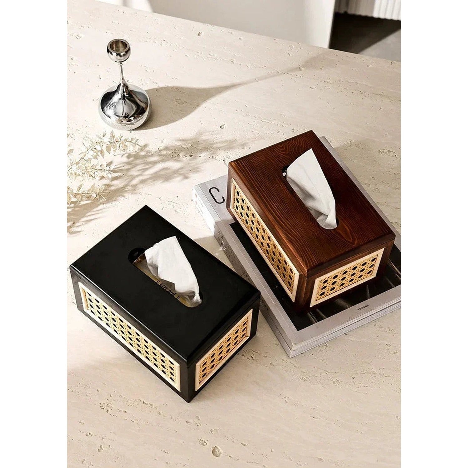 Rattan &amp; Wood Tissue Box