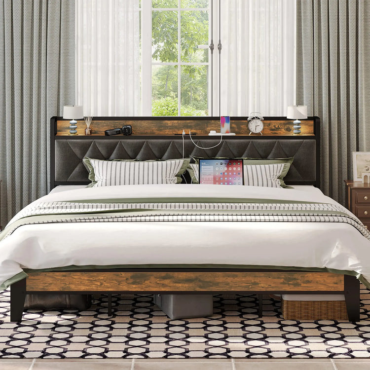 ANCTOR Twin/TwinXL/Full/Queen/King/CaliforniaKing Bed Frames, Storage Headboard with Outlets, No Noise, No Box Springs Needed Jonine&