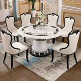 Round portable dining table with marble top, solid wood frame, and built-in lazy Susan