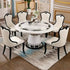 Round portable dining table with marble top, solid wood frame, and built-in lazy Susan
