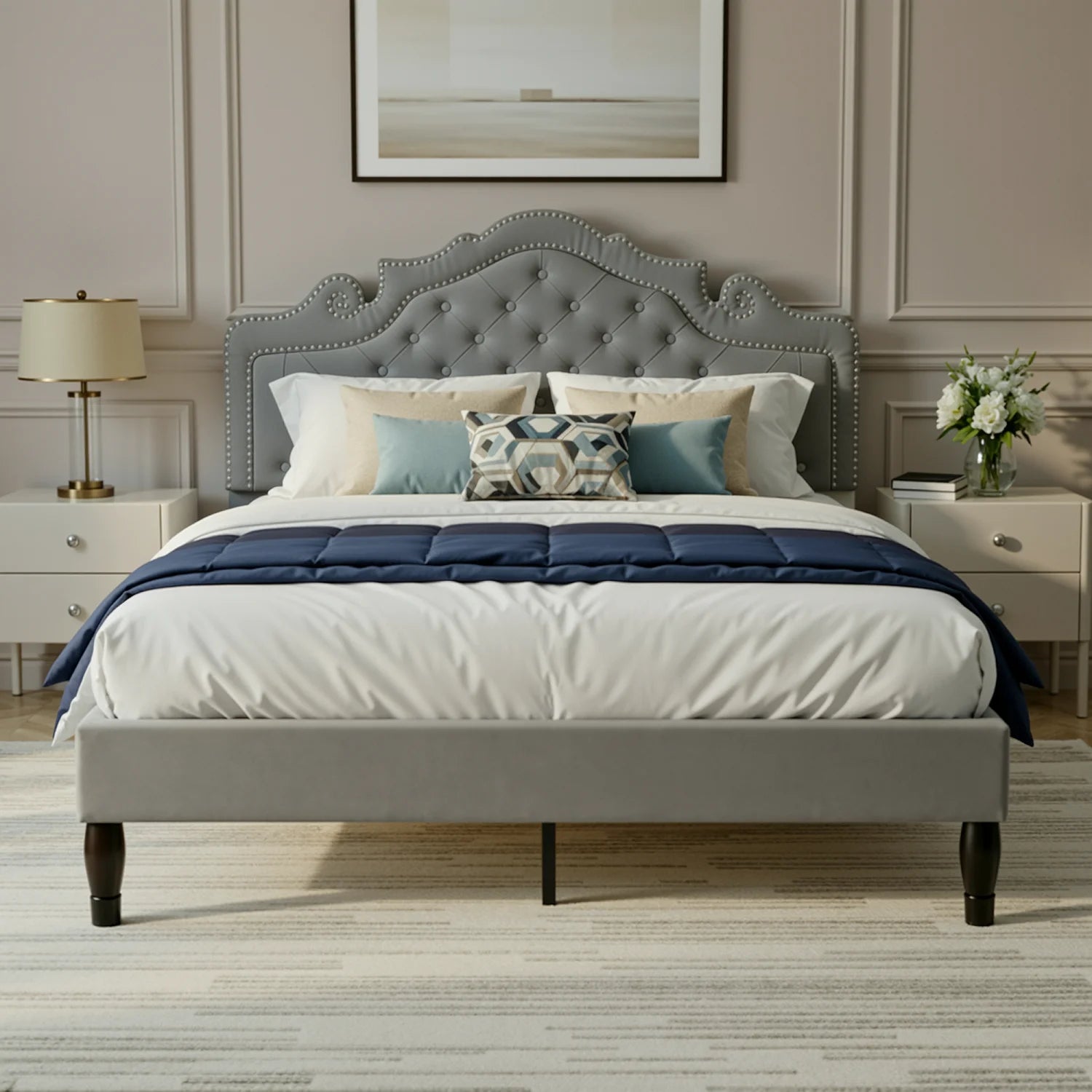 Velvet Platform Bed Frame with Adjustable Tiara Headboard — Diamond Tufted, Full/Queen/King Jonine&