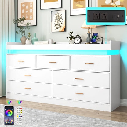 7 Drawer Dresser with LED Light and Charging Station, Modern Chest of Drawers for Closet, Wide Drawer Organizer Cabinet for Bedr