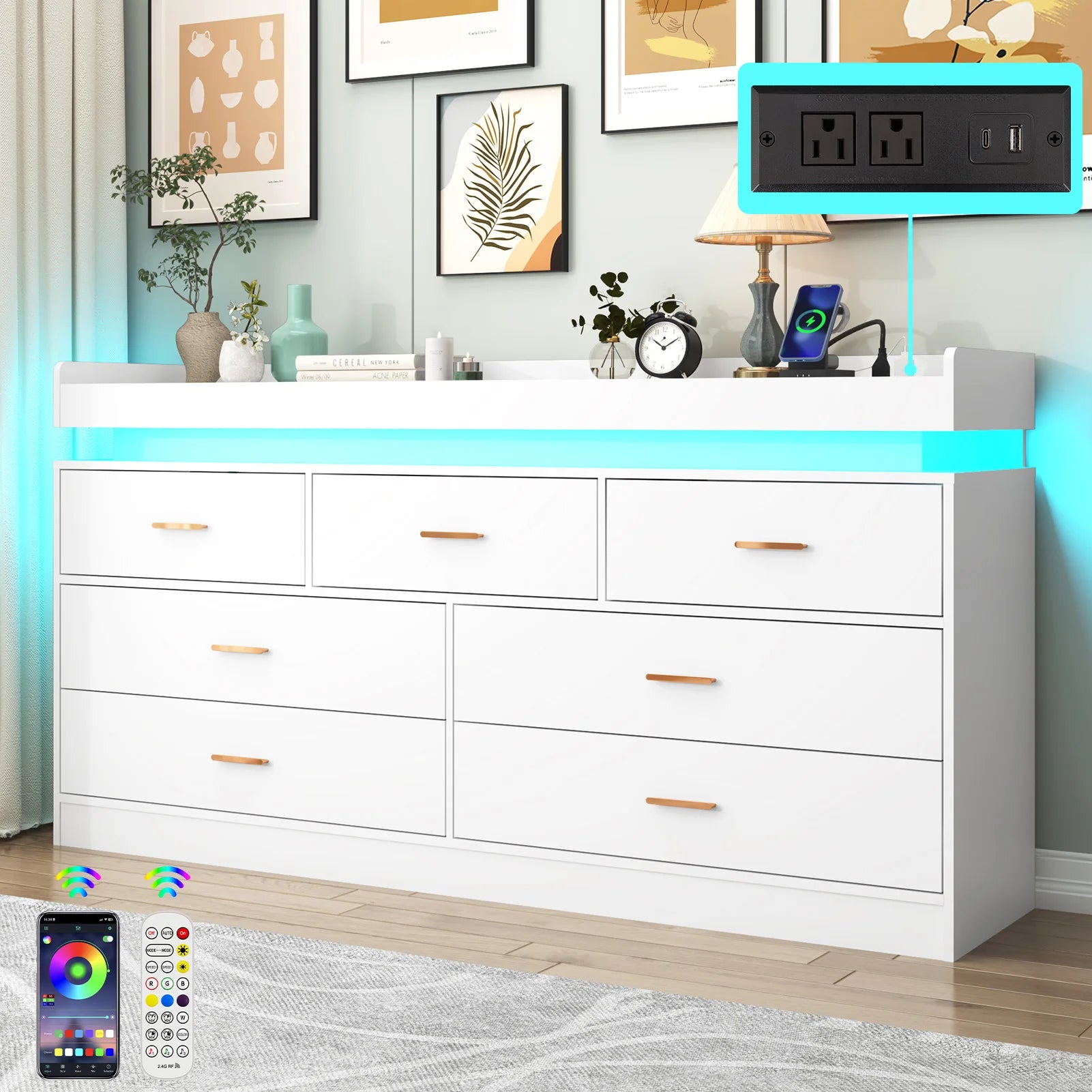 7 Drawer Dresser with LED Light and Charging Station, Modern Chest of Drawers for Closet, Wide Drawer Organizer Cabinet for Bedr